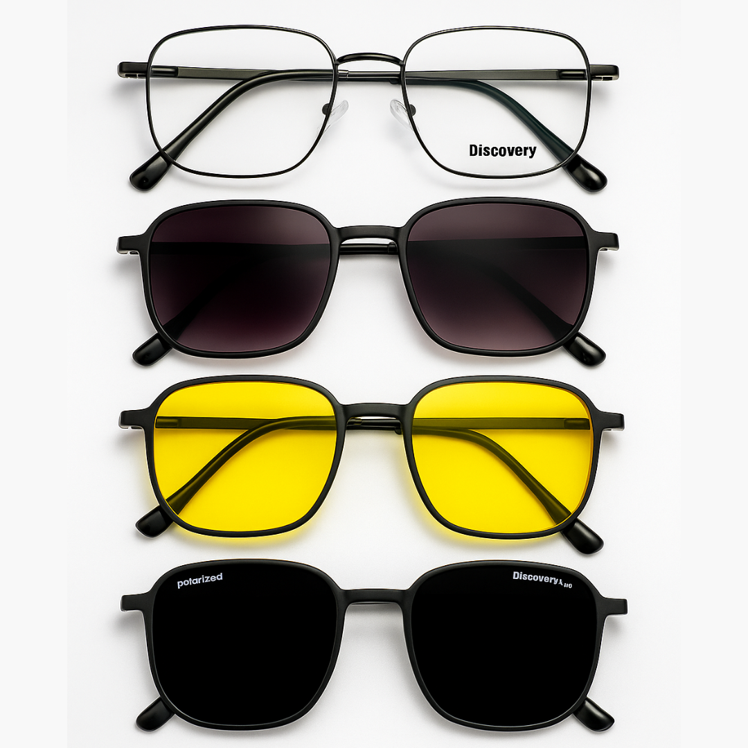 4-in-1 Magnetic Clip-On Eyewear | Premium Metal Frame with 3 Interchangeable Lenses