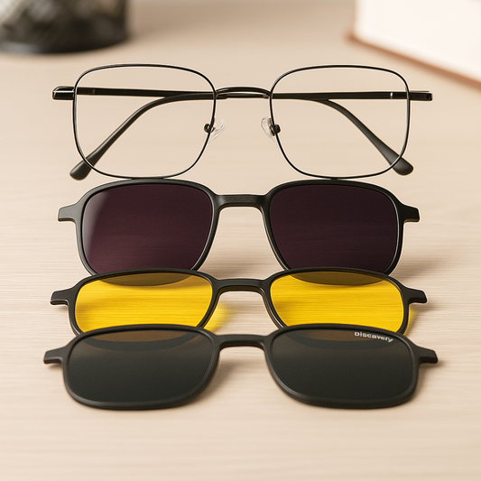4-in-1 Magnetic Clip-On Eyewear | Premium Metal Frame with 3 Interchangeable Lenses